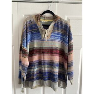 OVLA Striped Lace Up Hoodie Womens Size 2X Multi Color Boho Knit Sweater Earthy